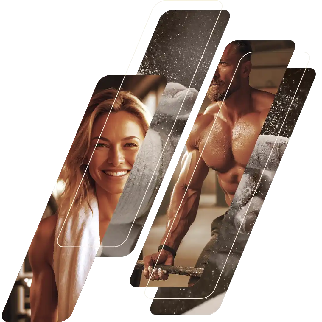 A designed image contains fitness lady, body builder and olimpic weightlifter's hands.