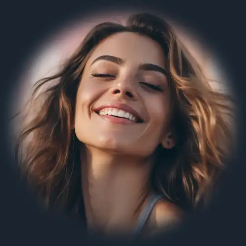 Egy fitness hölgy mosolygós, elégedett arca edzés után.