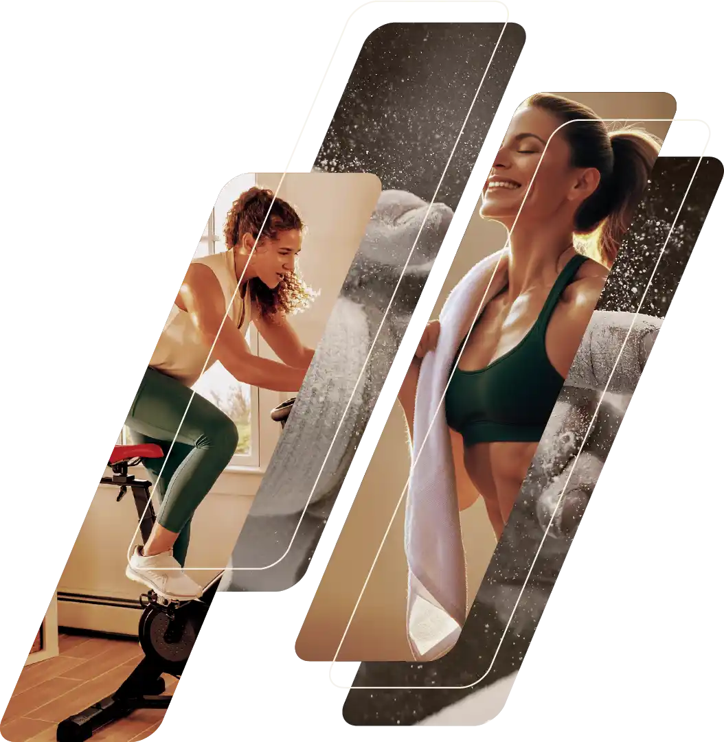 A designed image contains fitness lady indoor cycling, happy fitness woman and olimpic weightlifter's hands.